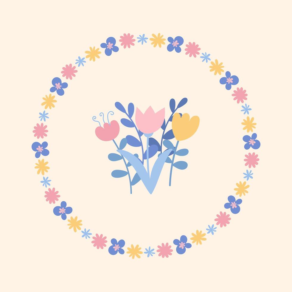 Hand drawn flat flowers wreath and bouquet design. vector