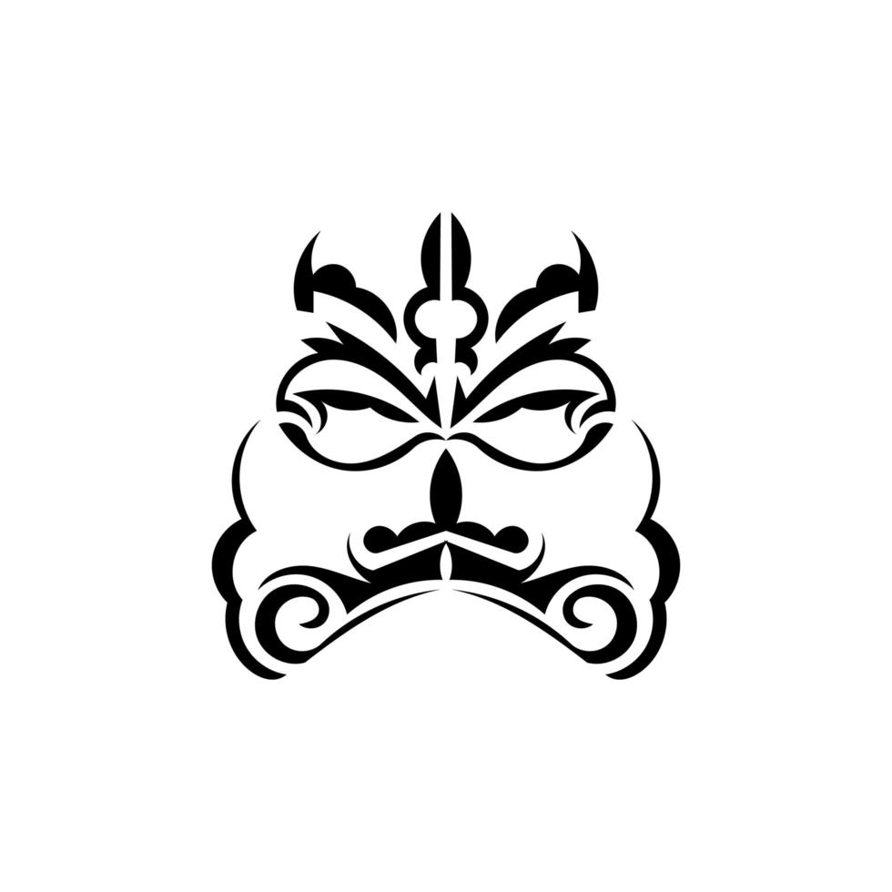 Black and white Tiki mask. Frightening masks in the local ornament of Polynesia. Isolated on white background. Ready tattoo template. Vector illustration.