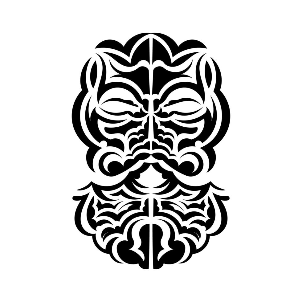 Black and white Tiki mask. Native Polynesians and Hawaiians tiki illustration in black and white. Isolated. Flat style. Vector illustration.