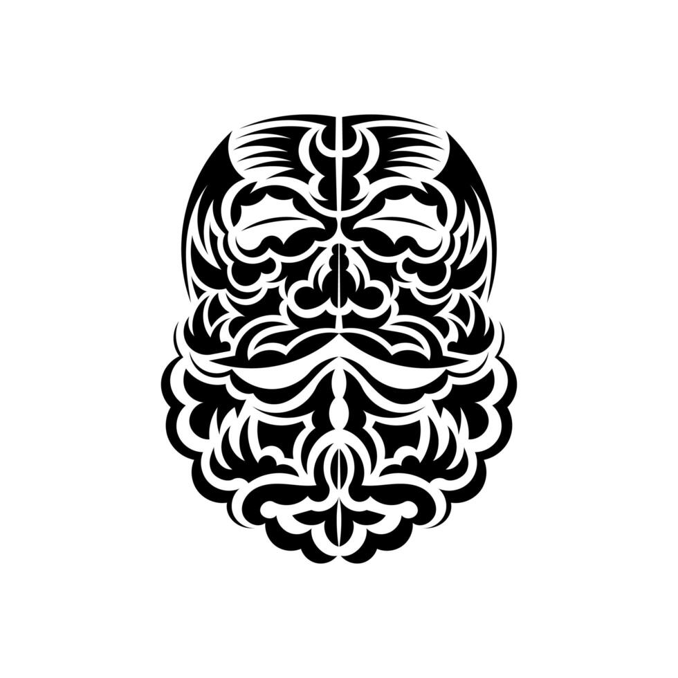 Black and white Tiki mask. Traditional decor pattern from Polynesia and Hawaii. Isolated on white background. Ready tattoo template. Vector illustration.