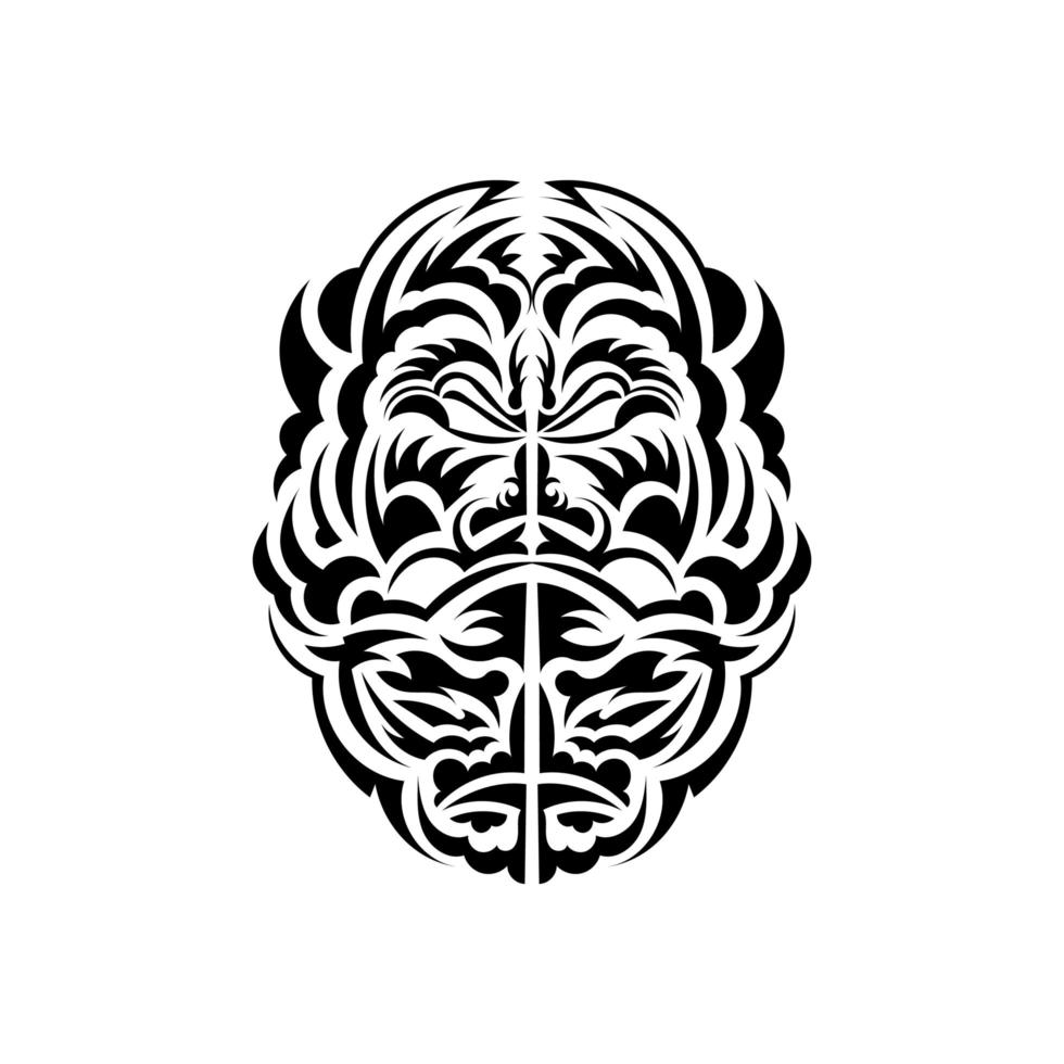 Black and white Tiki mask. Frightening masks in the local ornament of Polynesia. Isolated. Tattoo sketch. Vector illustration.