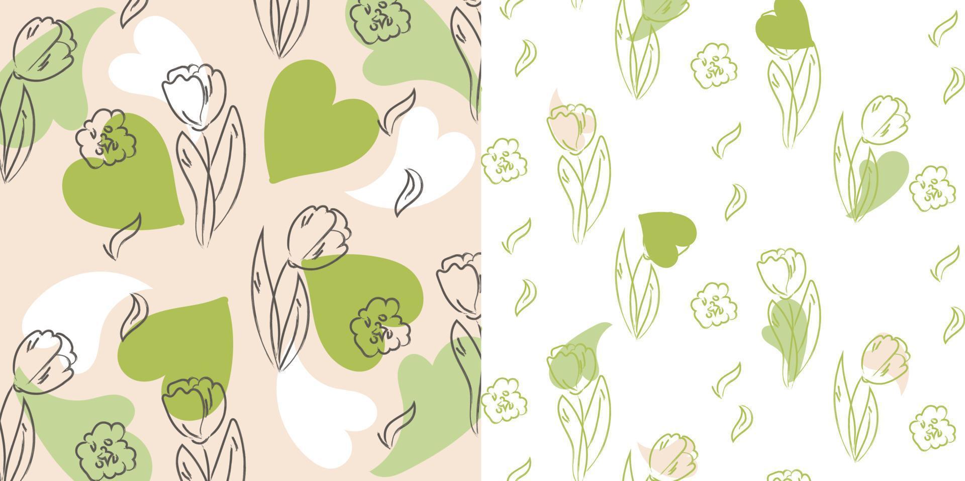 Spring vector pattern with green hearts and tulips