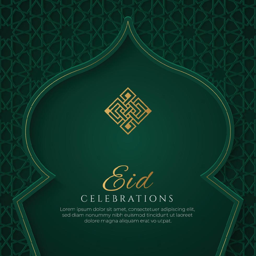 Eid Mubarak Islamic Arch Green and Golden Luxury Ornamental Background with Islamic Pattern vector