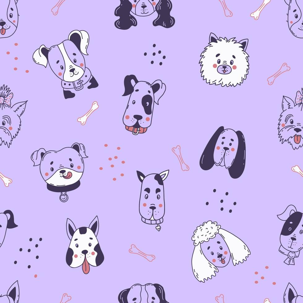 Seamless decorative pattern with muzzle and portraits of cute domestic dogs of different breeds on light purple background. Vector illustration in hand drawn linear doodles for design, decoration