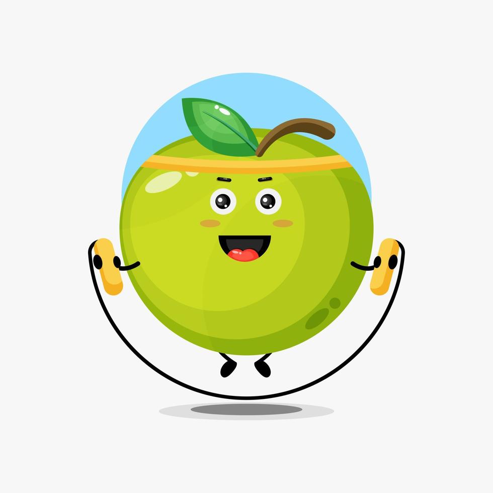 lindo personaje de manzana verde saltando la cuerda vector