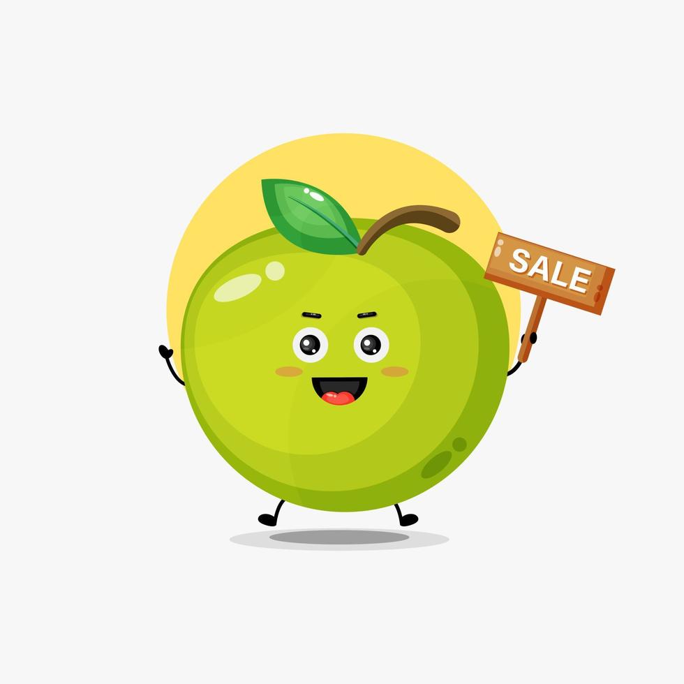 lindo personaje de manzana verde con cartel de venta vector