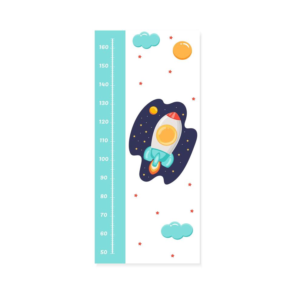 Children's height meter with a ruler in centimeters with a cartoon rocket in space. vector