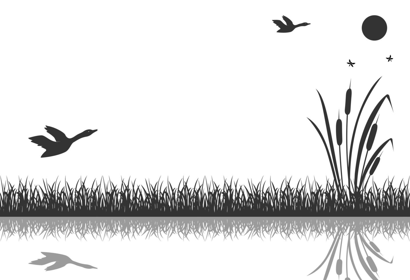 The black silhouette of marsh grass with flying ducks is reflected in the water. vector