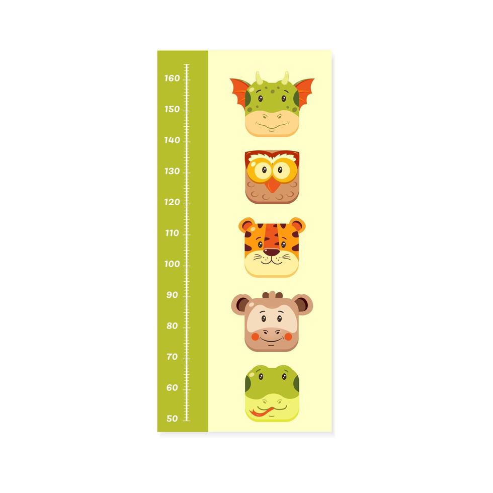 Children height meter with ruler in centimeters with cartoon animal muzzles. vector