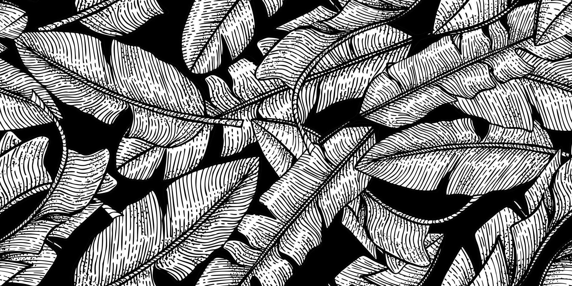 Banana leaf seamless pattern on black background. Retro tropical leaves in engraving style. vector