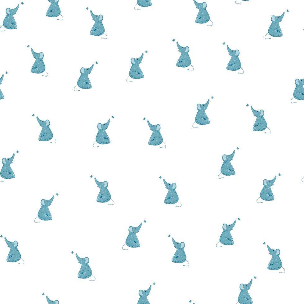 Cute elephant with butterfly seamless pattern. Funny childish tracery in doodle style. vector