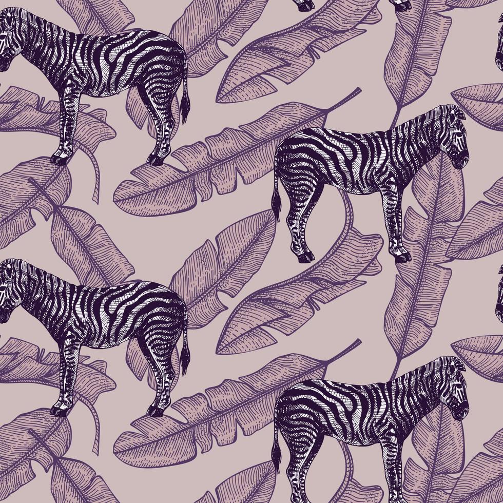 African zebra and banana leaf seamless pattern. Retro tropical animals in engraving style. vector