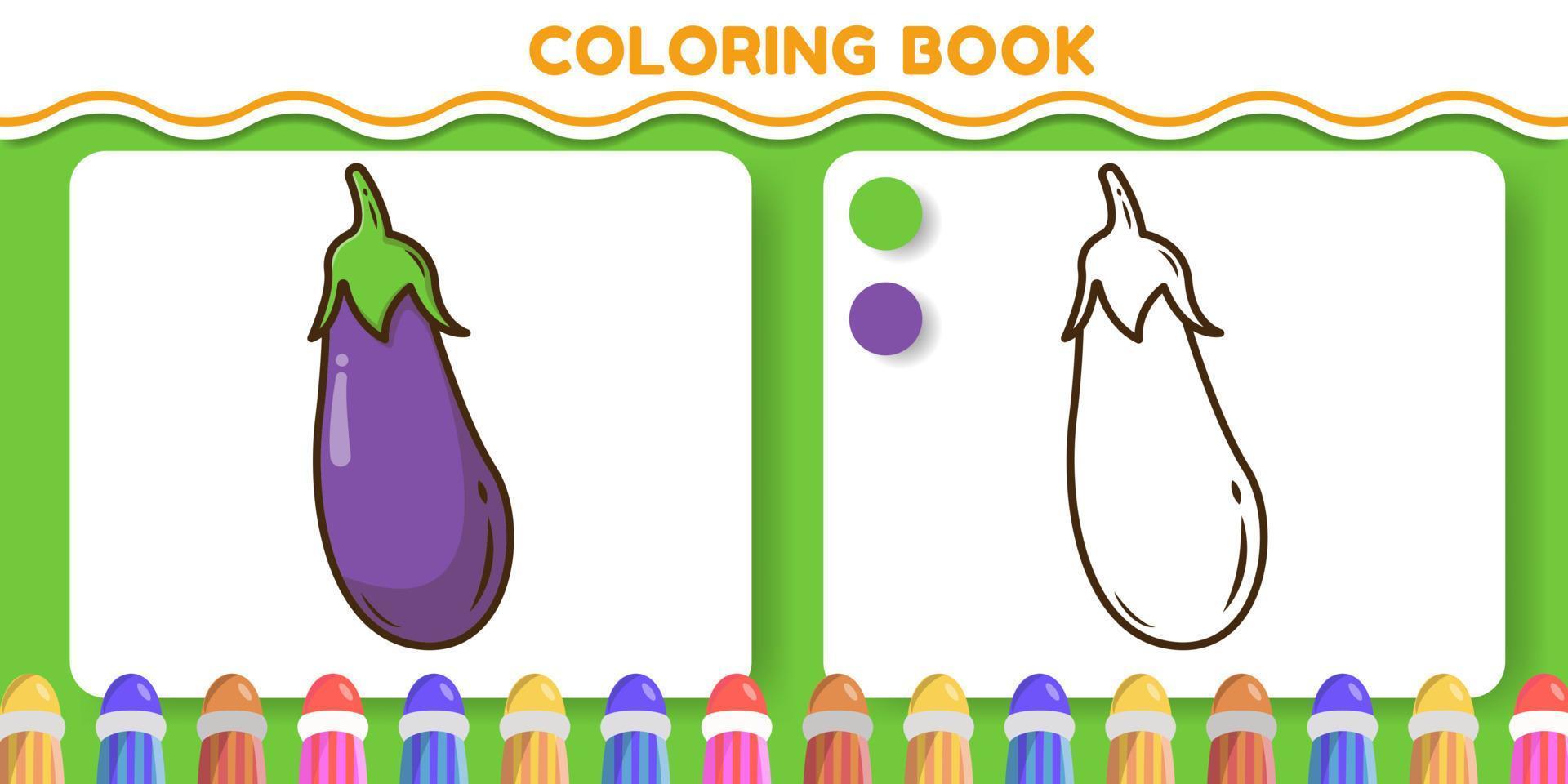 Colorful and black and white eggplant hand drawn cartoon doodle coloring book for kids vector