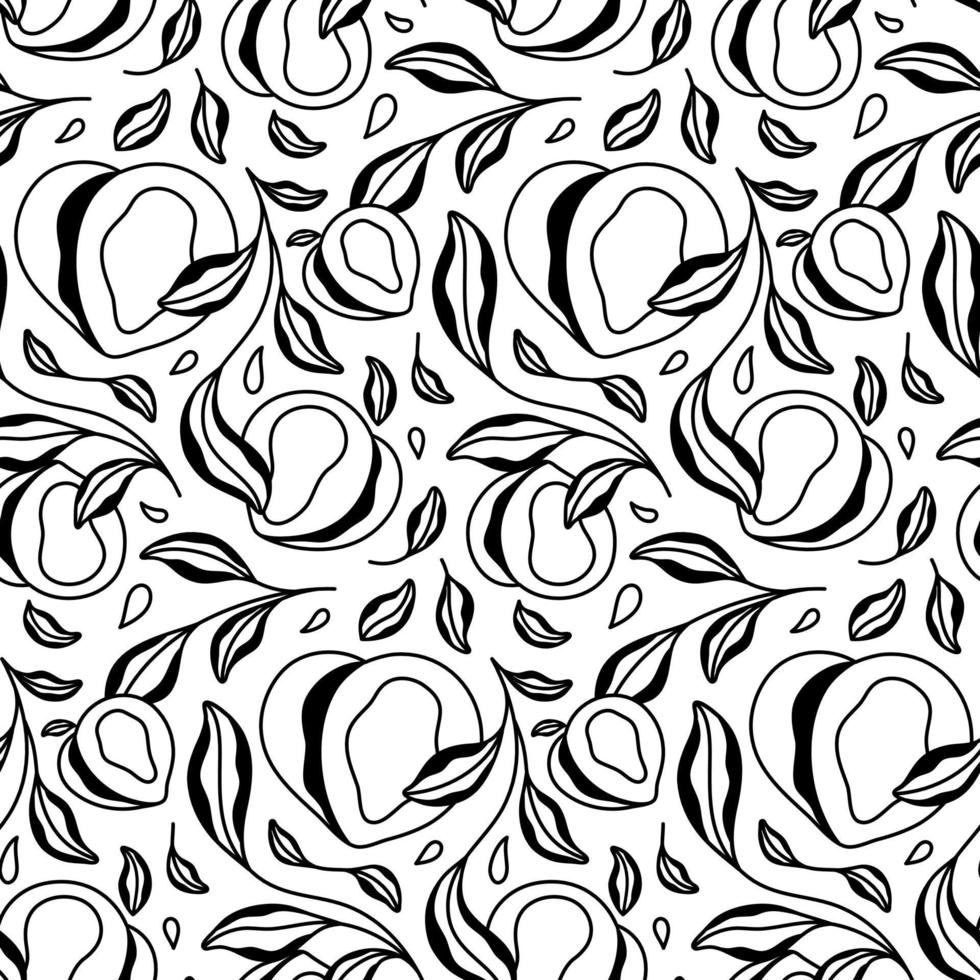 Black and White Hand Drawn Peach Fruit Vector Seamless Pattern