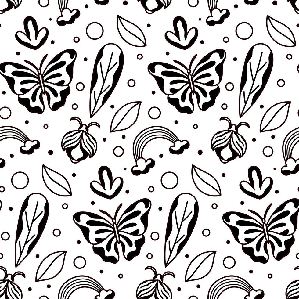 Black and White Hand Drawn Butterfly Vector Seamless Pattern