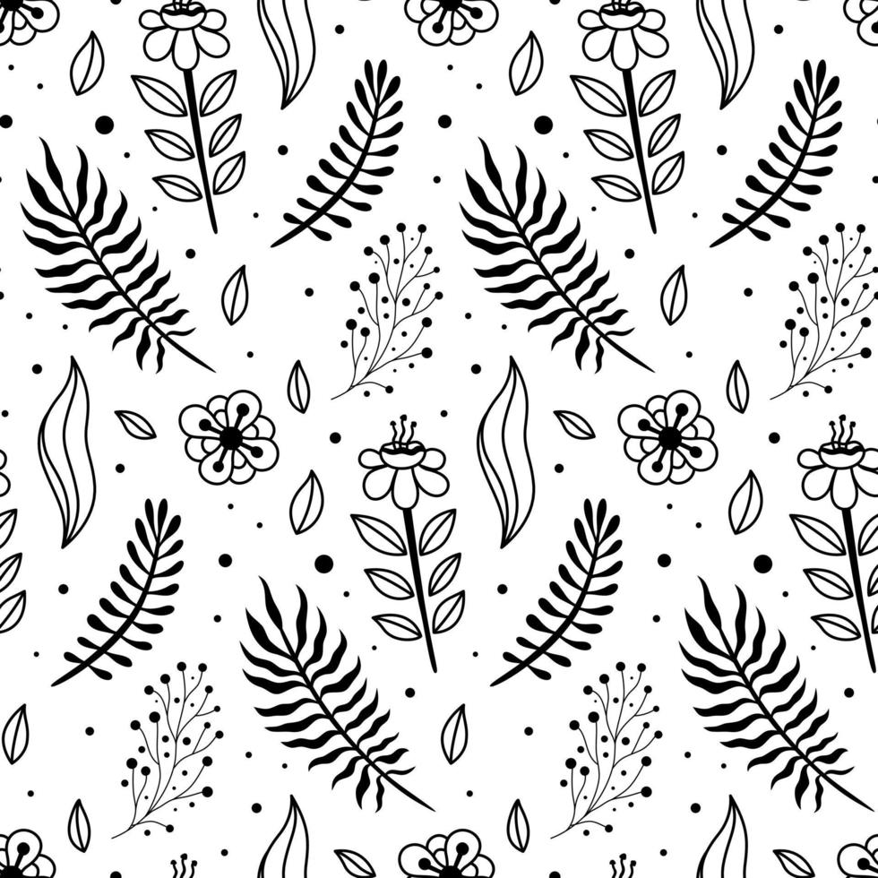 Black and White Hand Drawn Spring Flower Vector Seamless Pattern