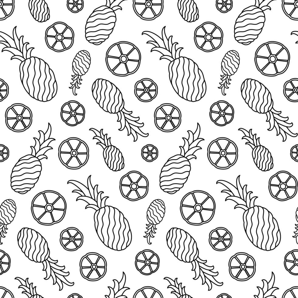 Black and White Hand Drawn Pineapple Fruit Vector Seamless Pattern
