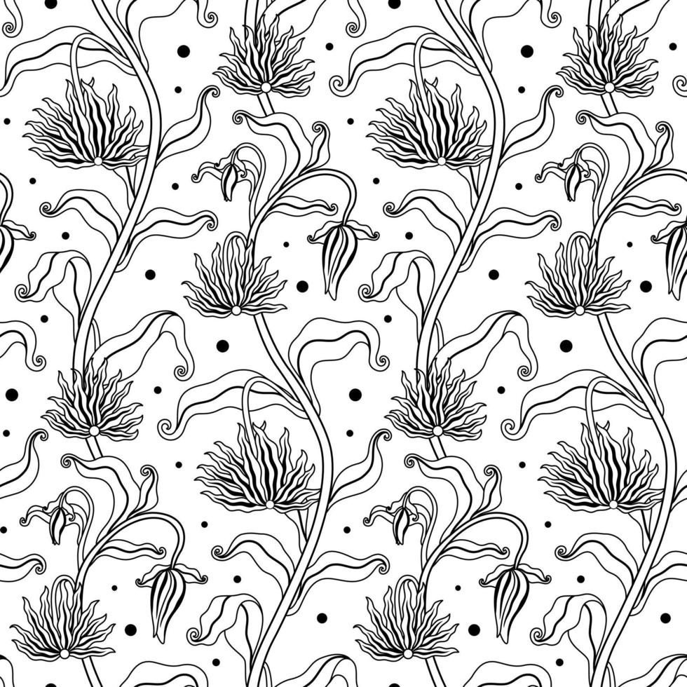 Black and White Hand Drawn Floral Vector Seamless Pattern