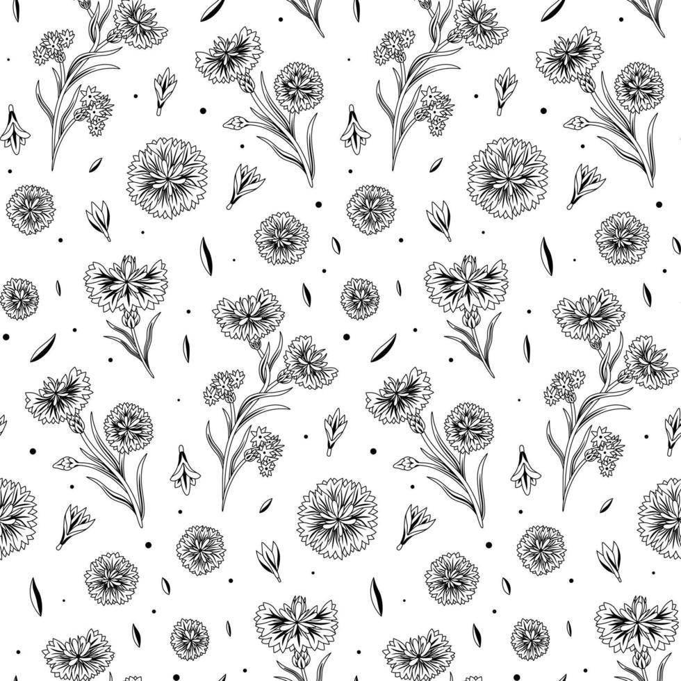 Black and White Hand Drawn Flower Vector Seamless Pattern