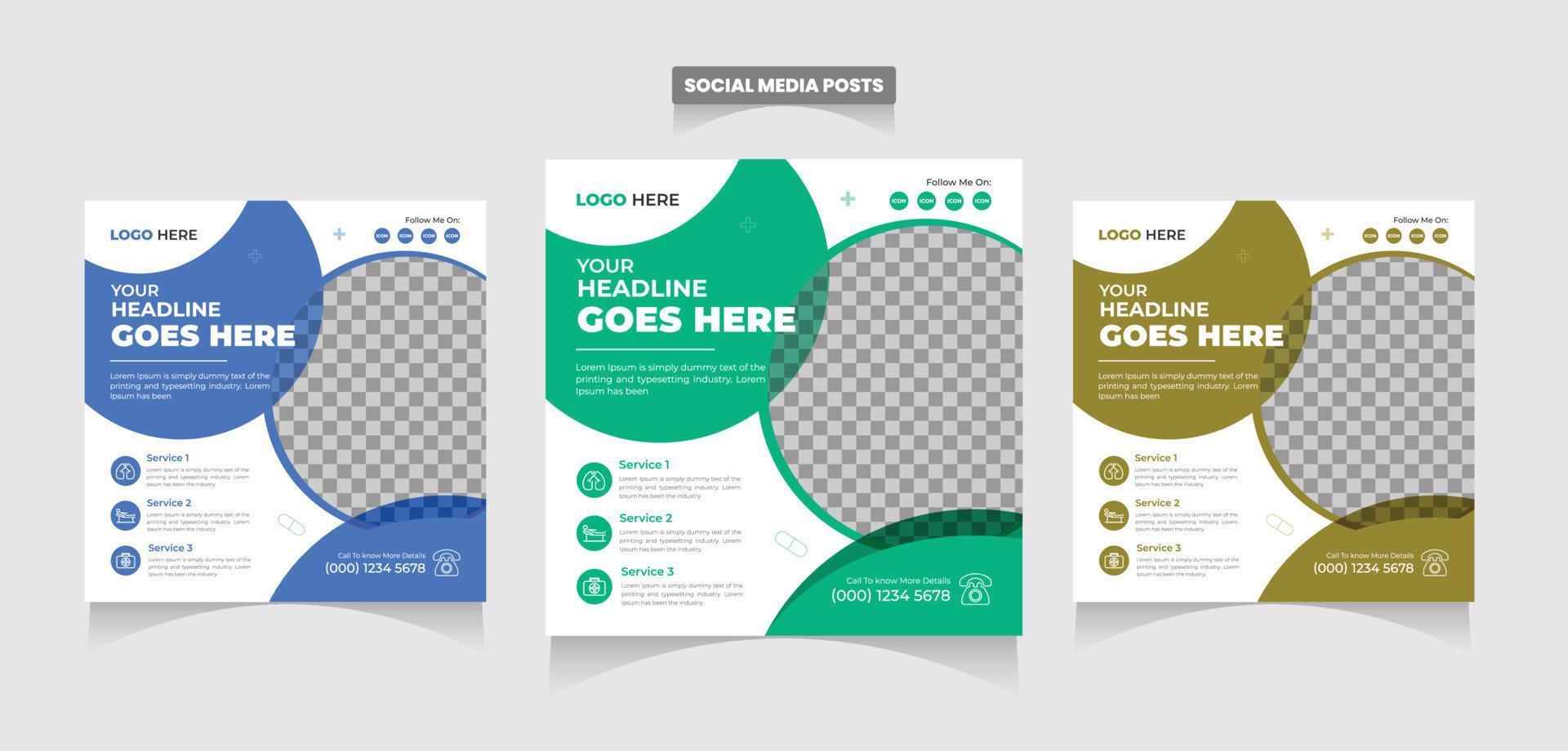 Healthcare posts template. Medical promotion square web banner ads, Social media healthcare post. Special offer banner. Sale and discount backgrounds. Medical vector template