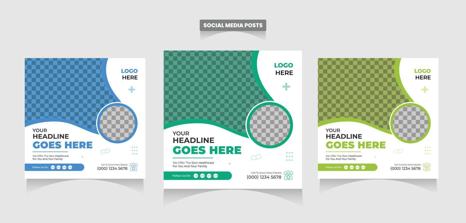 Healthcare posts template. Medical promotion square web banner ads, Social media healthcare post. Special offer banner. Sale and discount backgrounds. Medical vector template