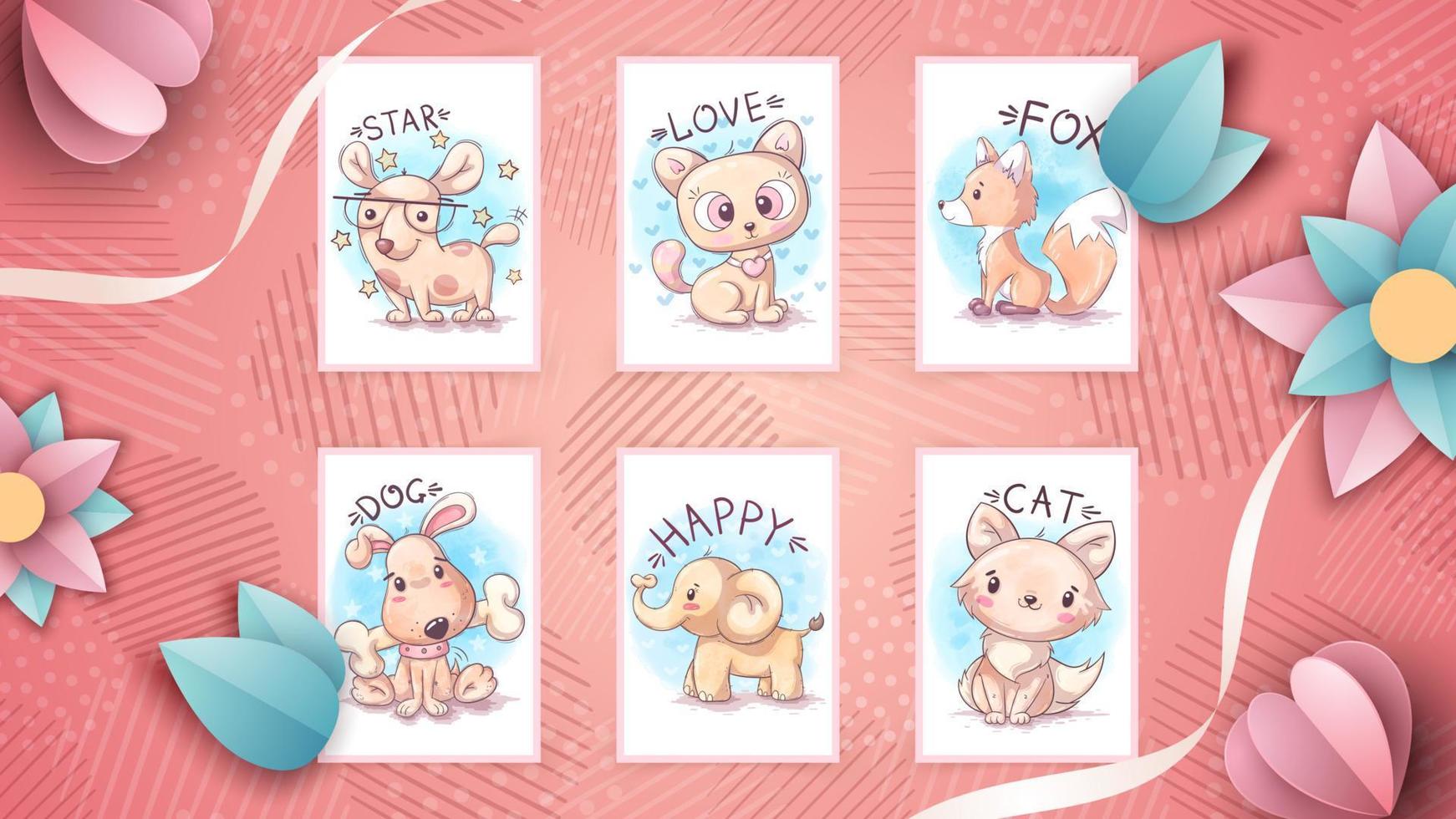 Set watercolor cartoon character animal vector