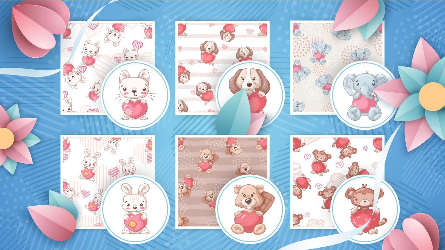 Set cartoon character animal and seamless pattern. vector