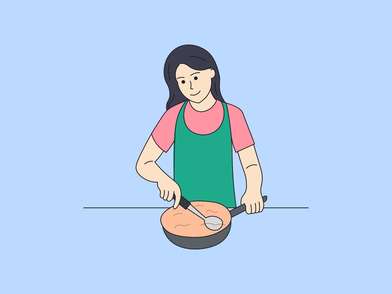 Cooking Illustration, Frying Food Ingredients in a Frying Pan vector