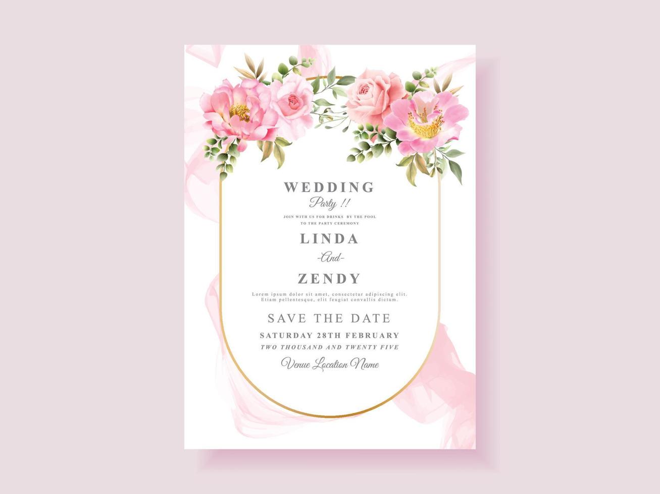 tarjeta de invitación de boda de flor rosa suave vector