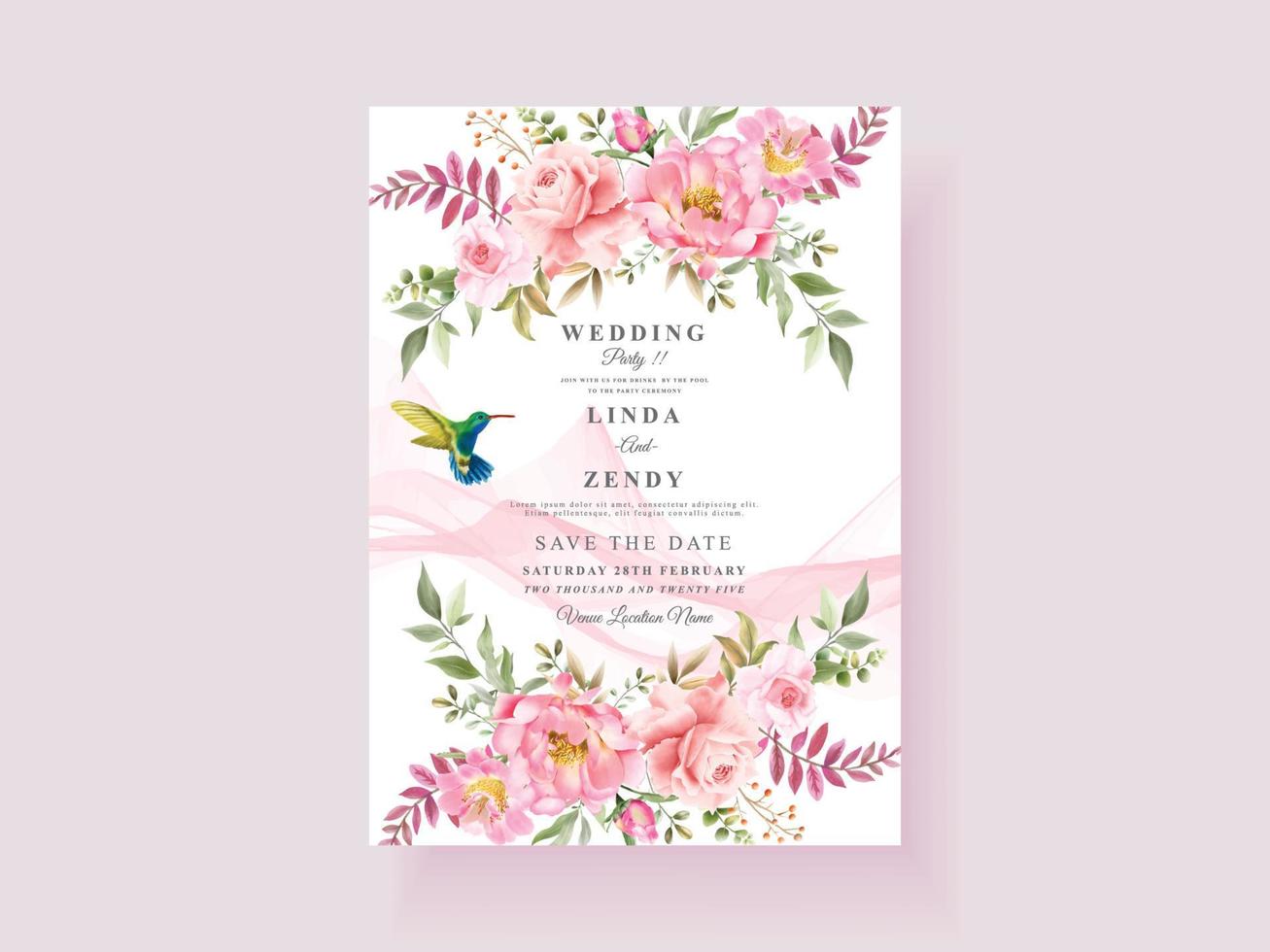 tarjeta de invitación de boda de flor rosa suave vector