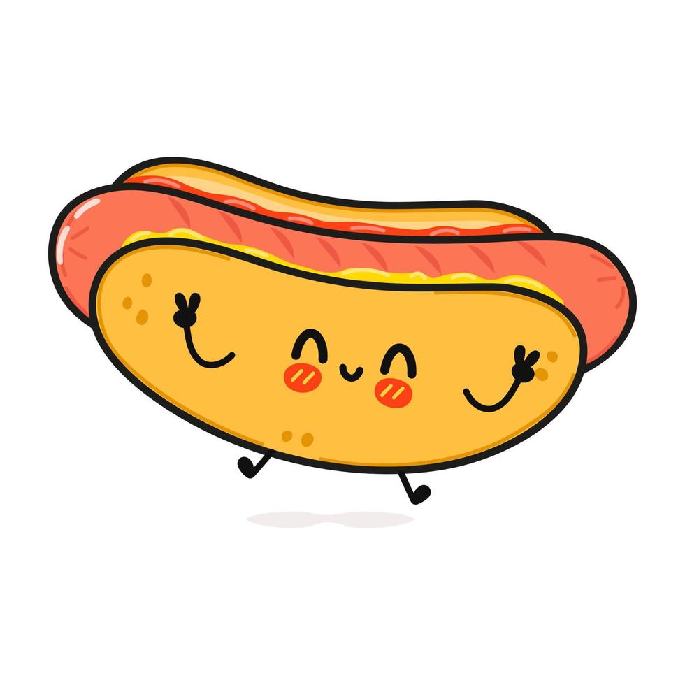 lindo personaje divertido de perrito caliente. icono de ilustración de personaje kawaii de dibujos animados dibujados a mano vectorial. aislado sobre fondo blanco. concepto de personaje de perrito caliente vector