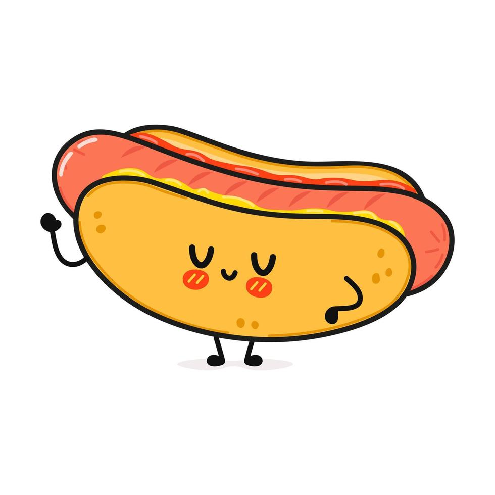 lindo personaje divertido de perrito caliente. icono de ilustración de personaje kawaii de dibujos animados dibujados a mano vectorial. aislado sobre fondo blanco. concepto de personaje de perrito caliente vector