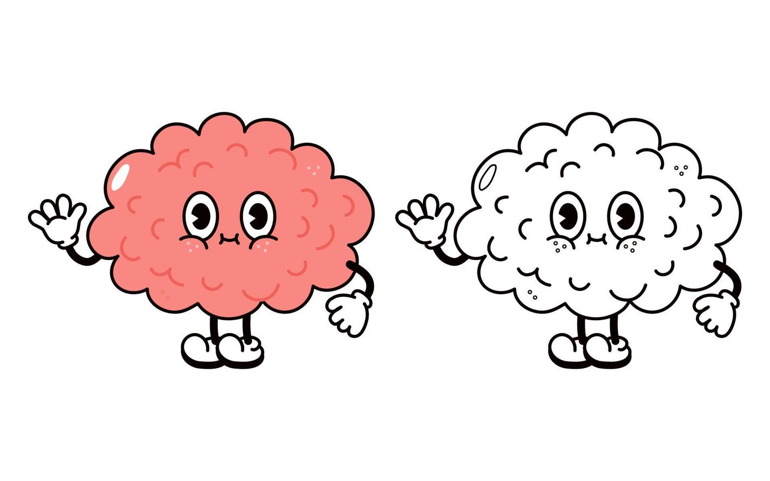 lindo personaje cerebral divertido. vector dibujado a mano dibujos animados tradicionales vintage, retro, icono de personaje kawaii. cerebro emoji, niño, adorable, concepto de niños. esquema de ilustración de dibujos animados para colorear libro