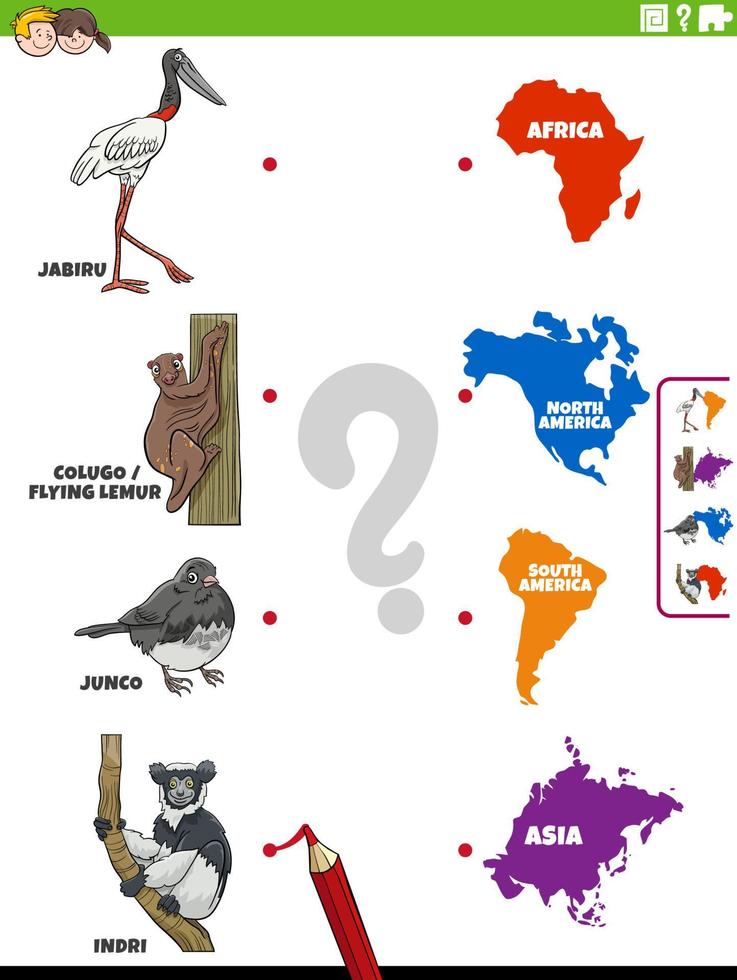 juego educativo de unir especies de animales de dibujos animados y continentes vector