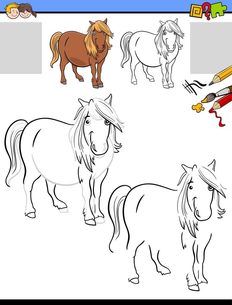 tarea de dibujo y coloreado con carácter de animal de granja de caballos vector