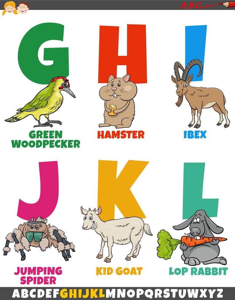 educational alphabet set with cartoon funny animal characters vector