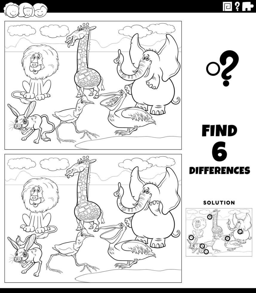 differences game with comic animals coloring book page vector