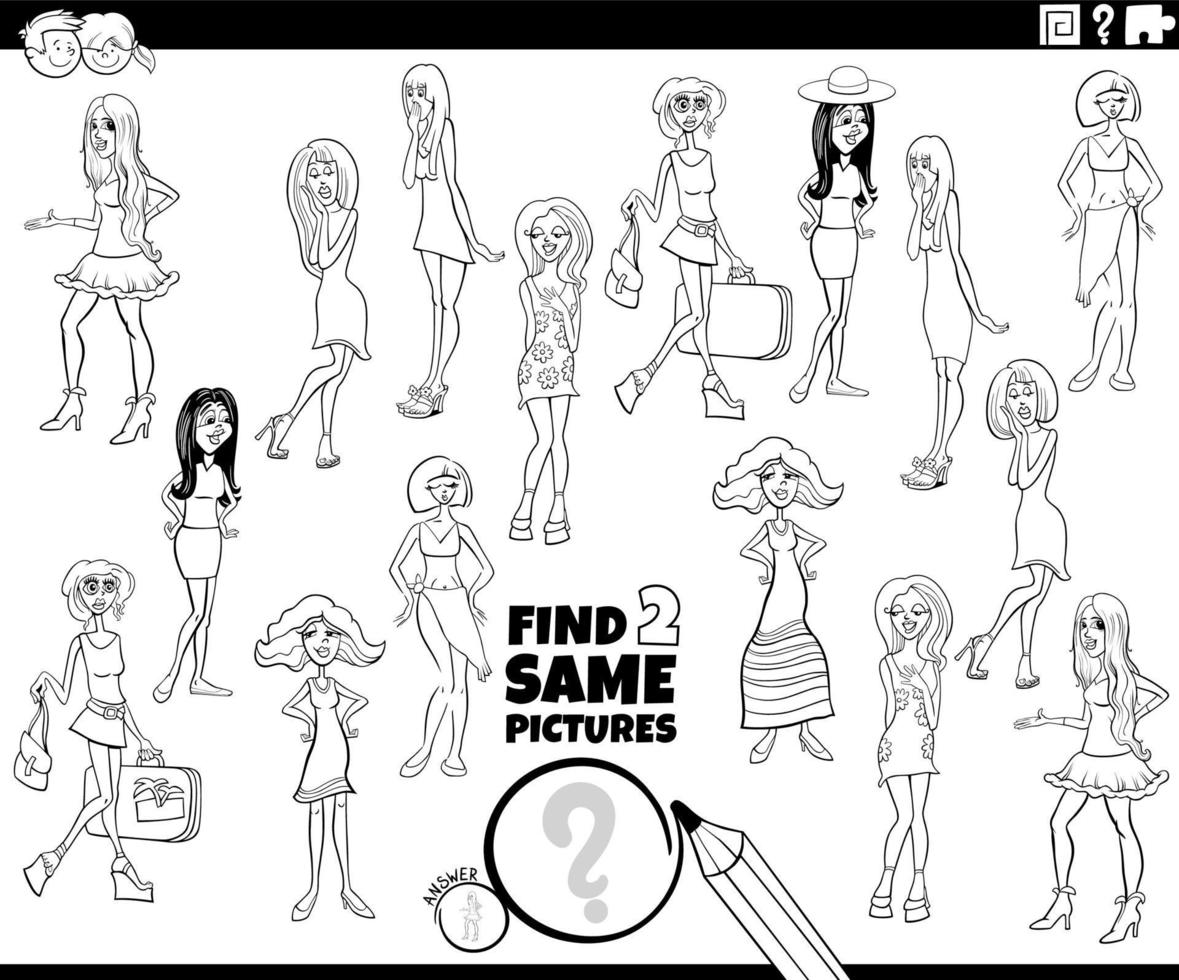 encontrar dos mismos personajes de mujeres cómicas juego página de libro para colorear vector