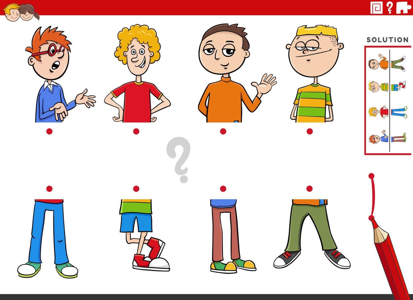 match halves of pictures with cartoon boys educational game vector