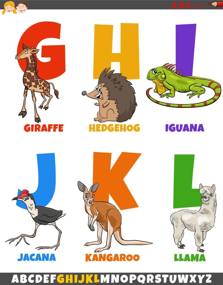 educational alphabet set with cartoon animal characters vector