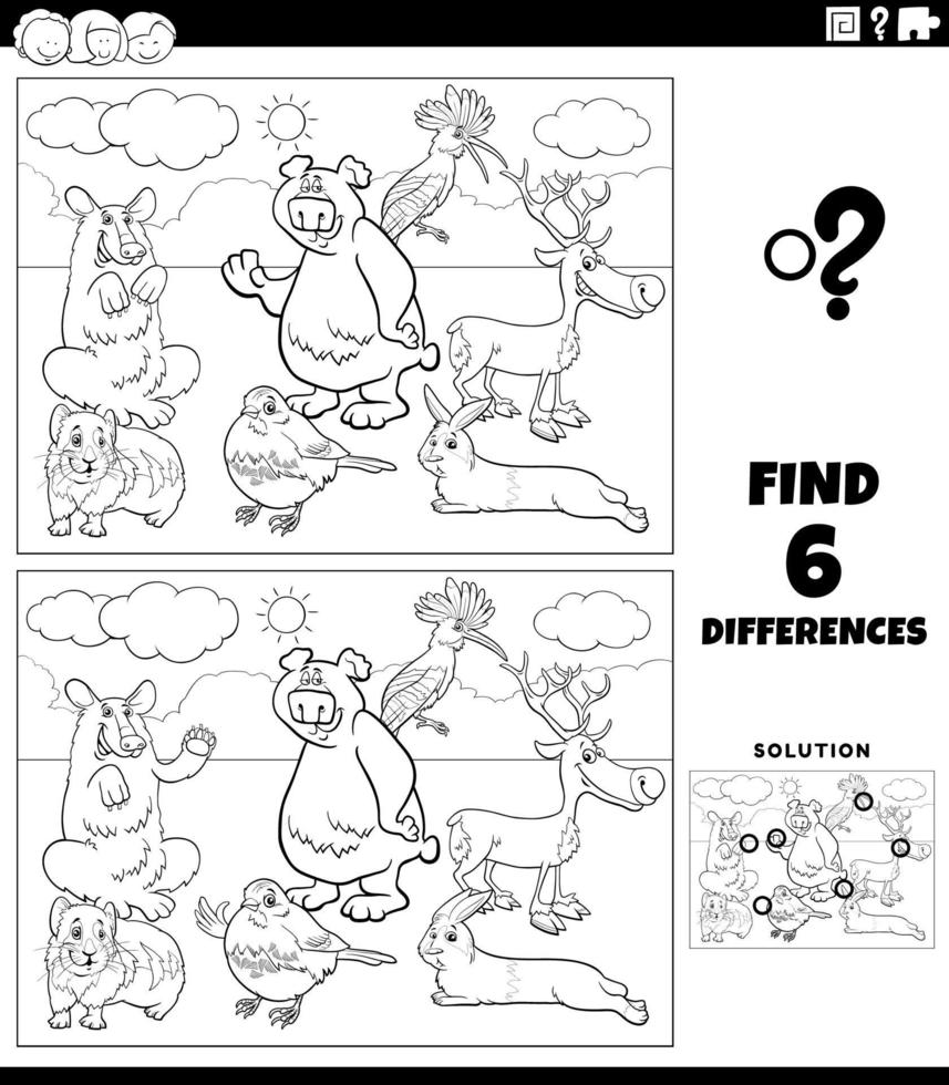 juego de diferencias con animales de dibujos animados para colorear página del libro vector