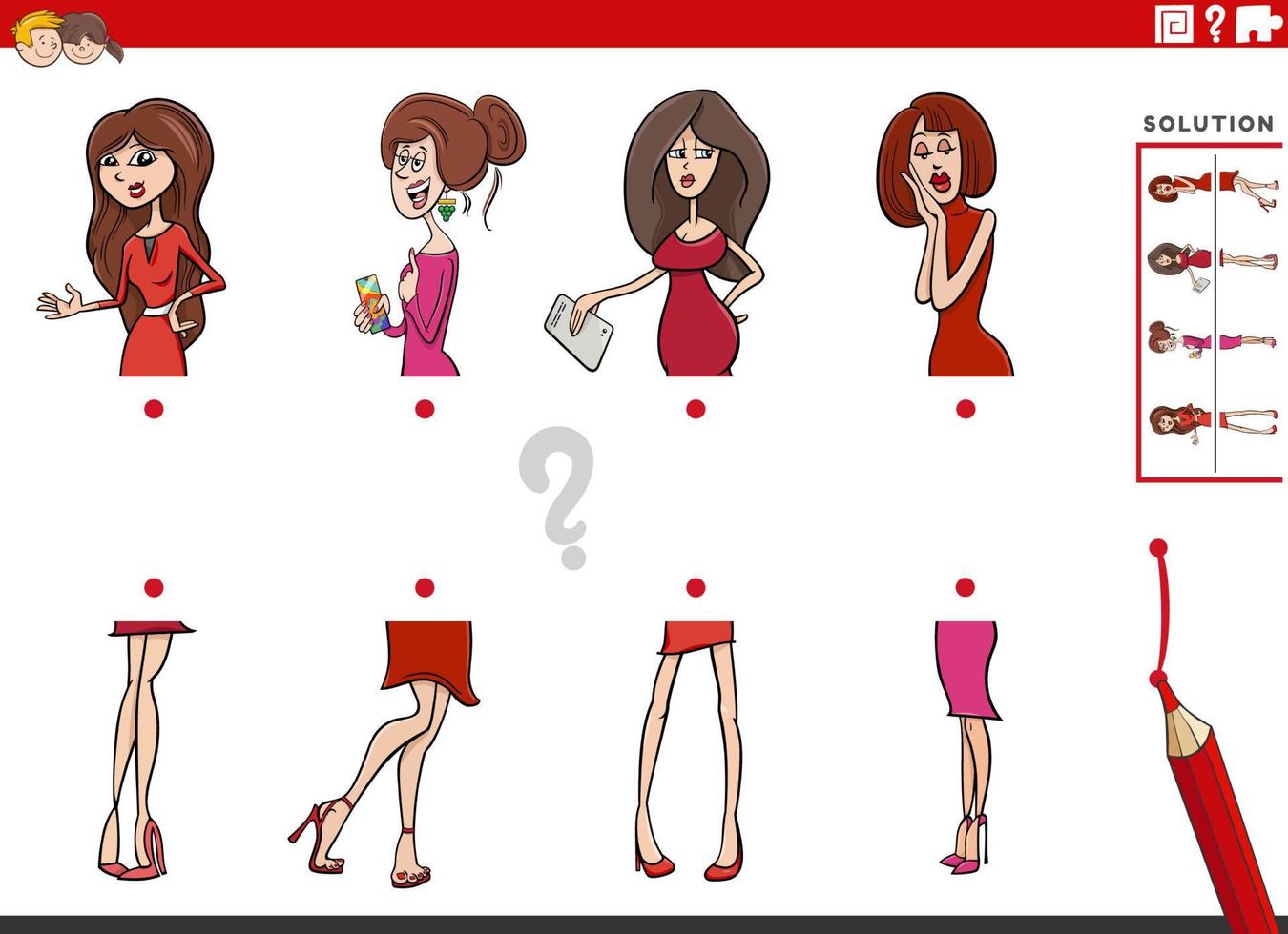 match halves of pictures with comic women educational game vector