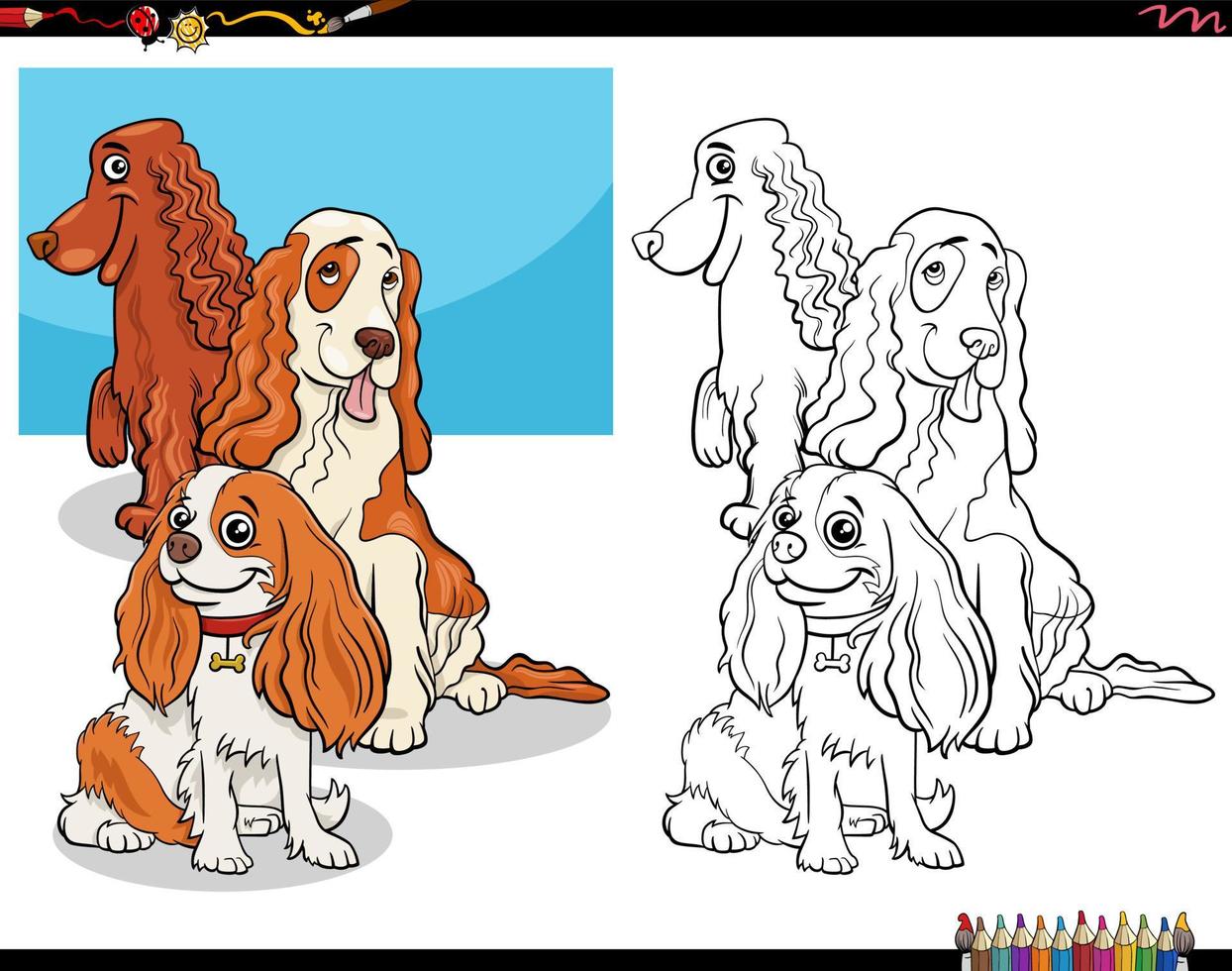 cartoon spaniels purebred dog characters coloring book page vector