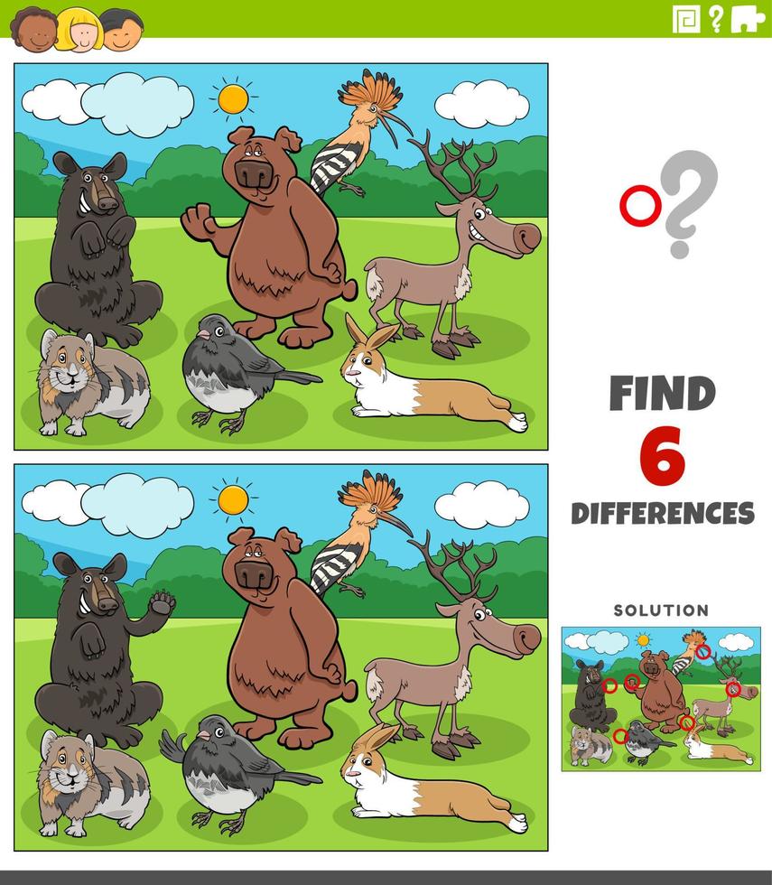 juego educativo de diferencias con animales de dibujos animados felices vector