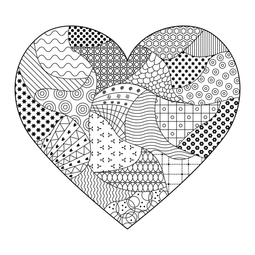 Vector illustration, pattern heart. Coloring book, art design from doodles, patterns and   textures. Abstract line art for background, design element