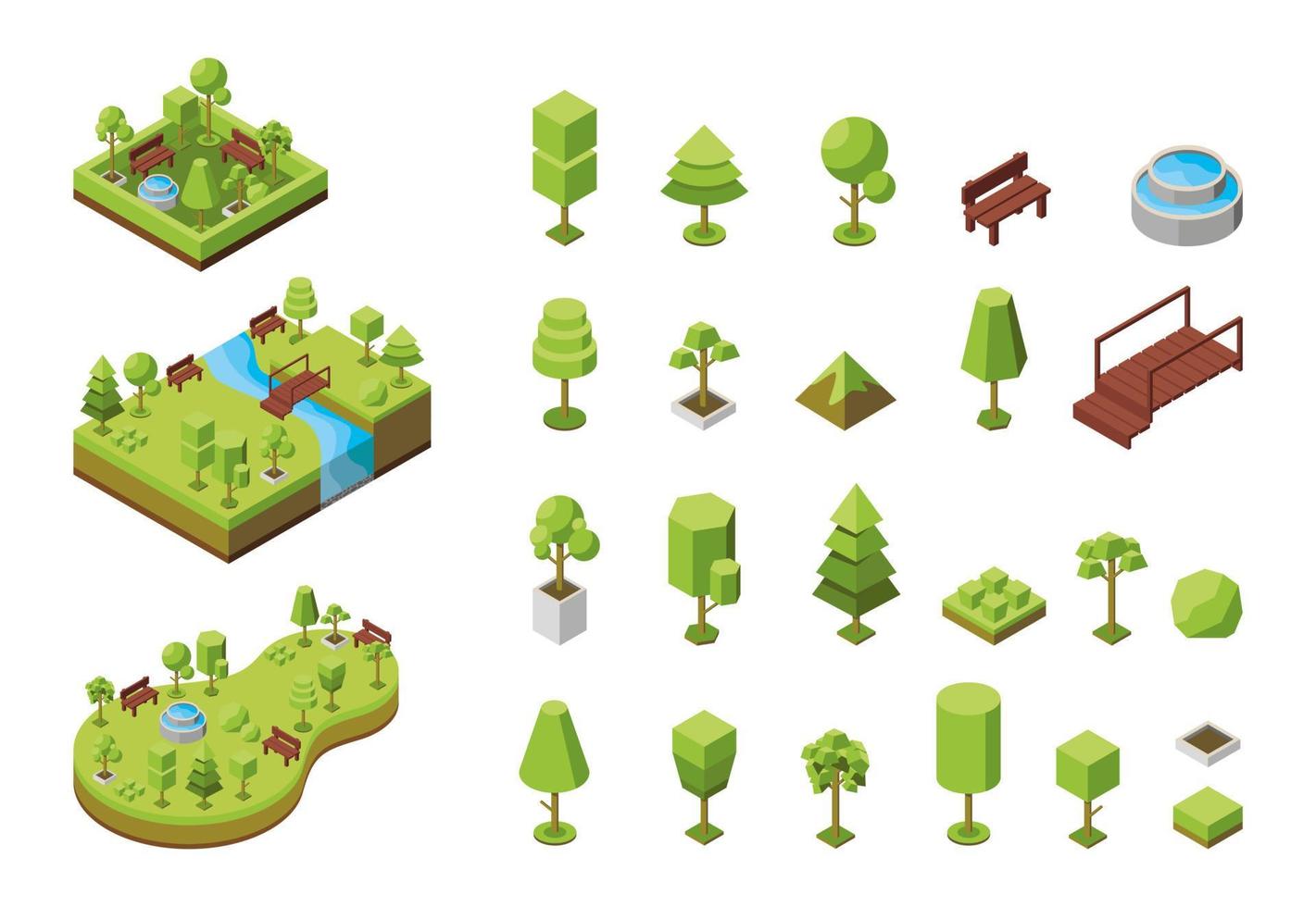 ilustración isométrica vectorial. concepto de parque ecológico, áreas de recreación con fuente. paisaje natural, entorno. reserva natural ajardinada, bosque, arboleda. árboles iconos isométricos 3d vector