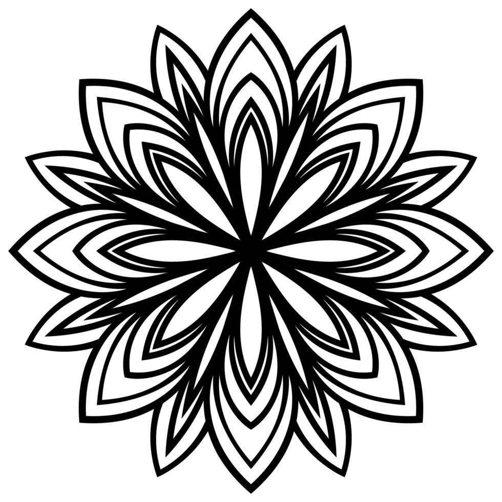Flower blossom close-up view from above for coloring book. Flowering doodle floral element. Mandala black contour isolated on white background. Geometric circular pattern. vector
