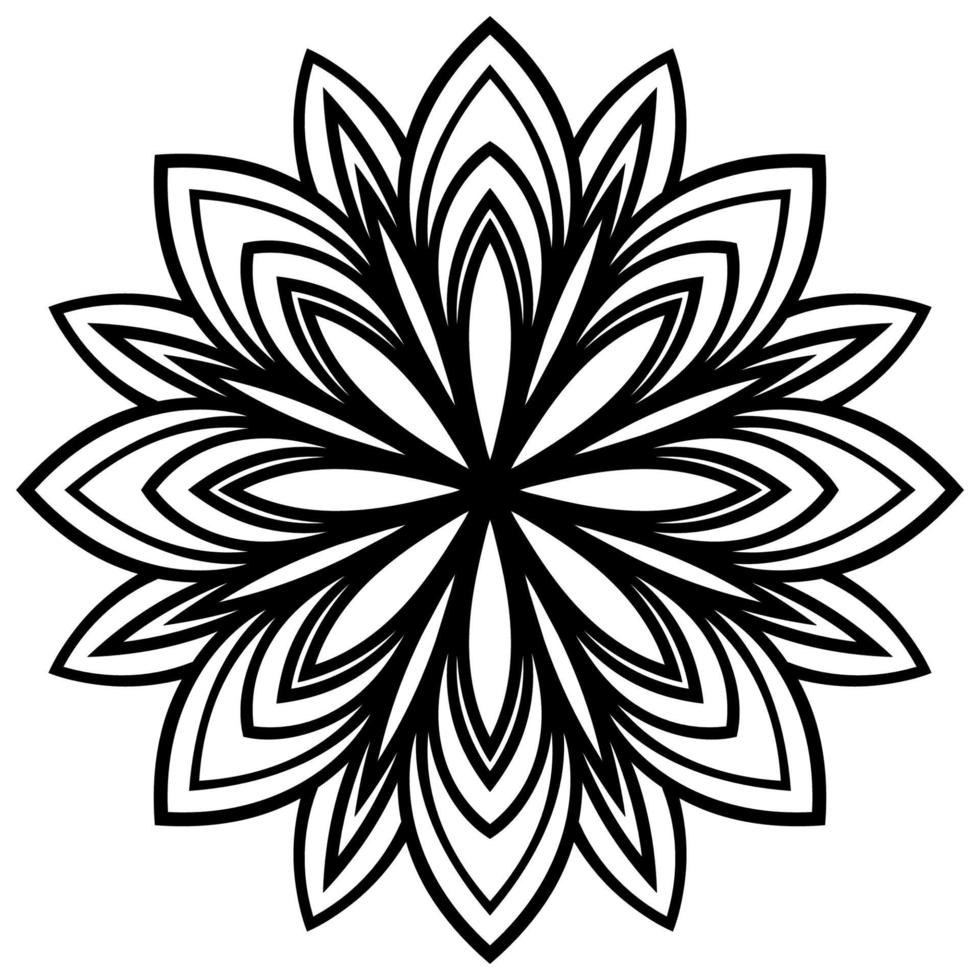 Flower blossom close-up view from above for coloring book. Flowering doodle floral element. Mandala black contour isolated on white background. Geometric circular pattern. vector