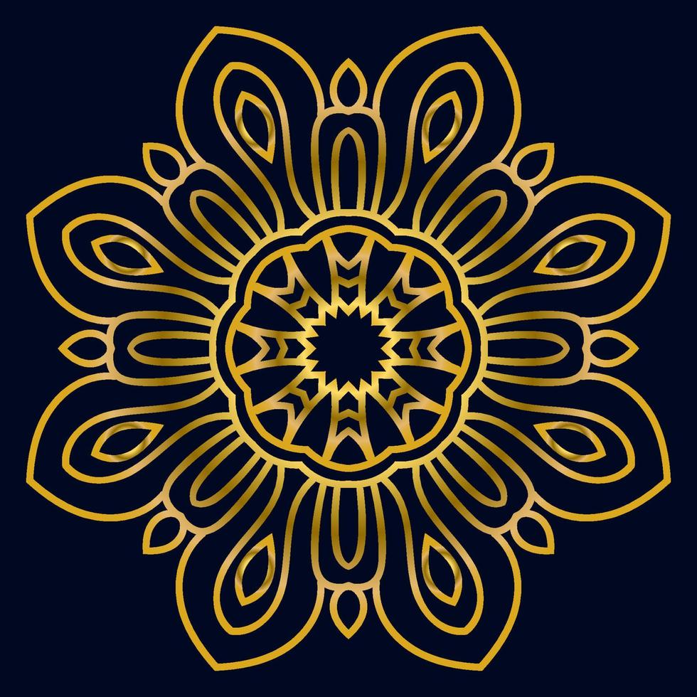 lindo mandala dorado. flor de garabato redonda ornamental aislada sobre fondo oscuro. ornamento decorativo geométrico en estilo étnico oriental. vector