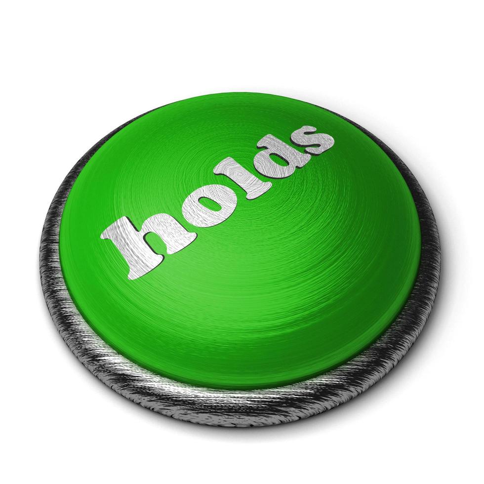holds word on green button isolated on white photo